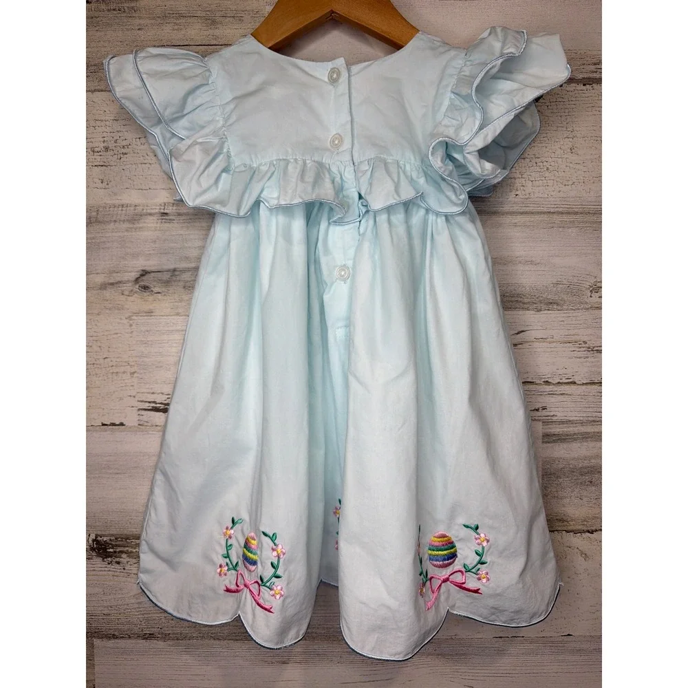 Classic Whimsy Easter Dress Girls 3T Blue Embroidered Egg Ruffle Scallop